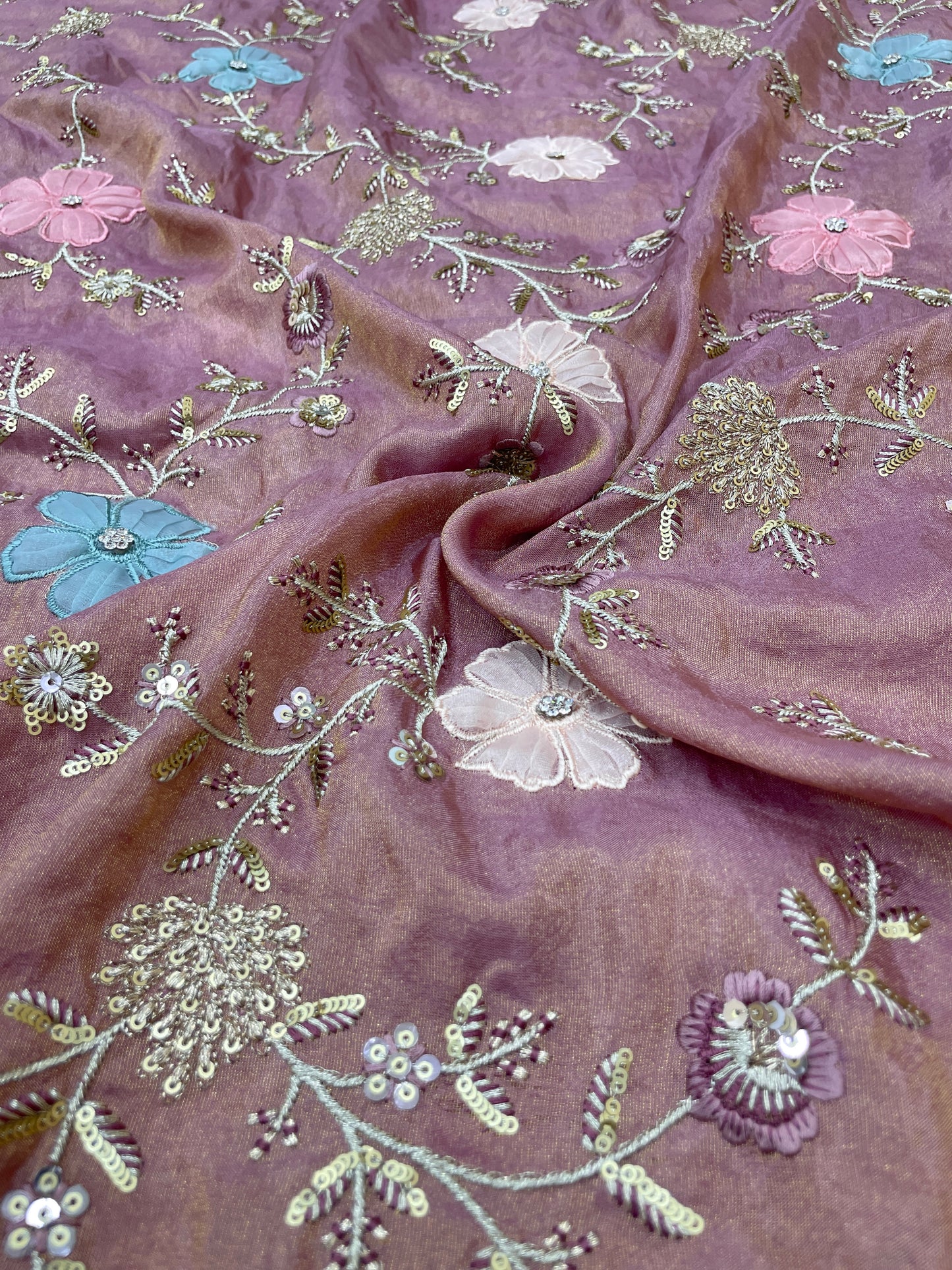 Eye Catching Elegant Floral Patch Work With Thread And Sequin Embroidery On Tissue Fabric