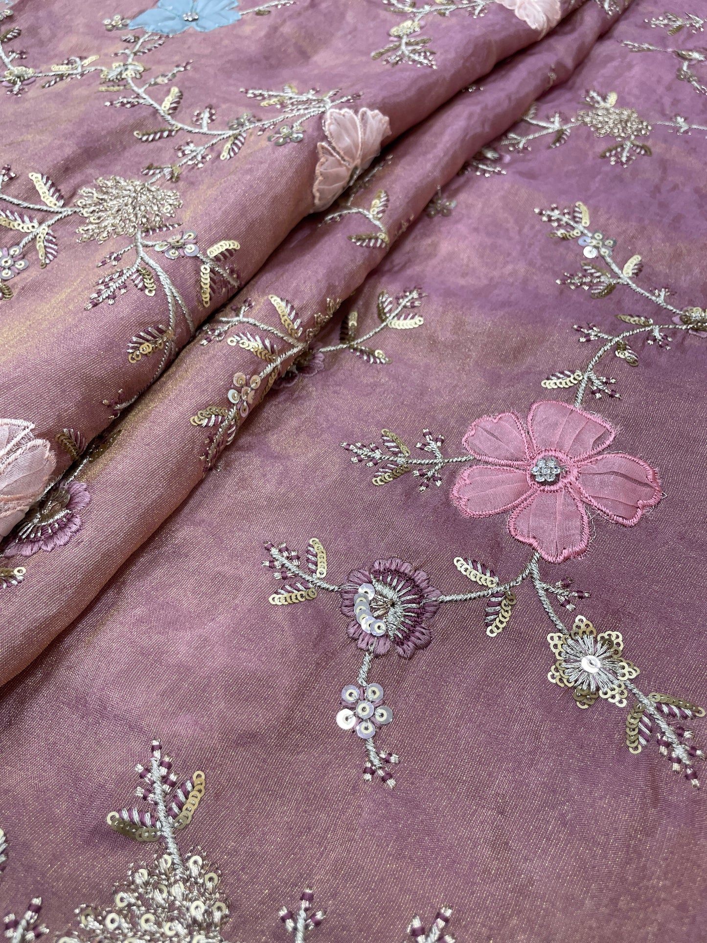 Eye Catching Elegant Floral Patch Work With Thread And Sequin Embroidery On Tissue Fabric