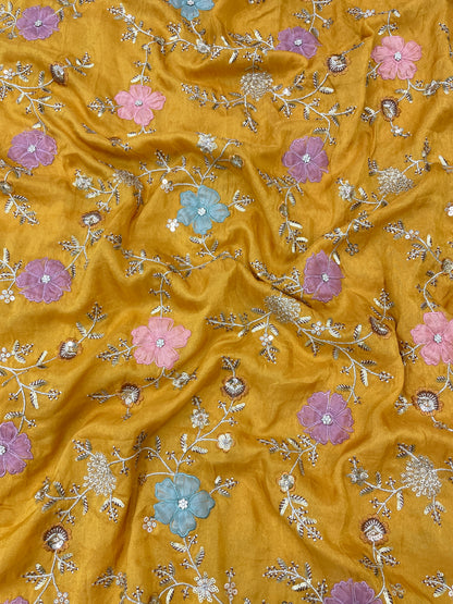 Eye Catching Elegant Floral Patch Work With Thread And Sequin Embroidery On Tissue Fabric