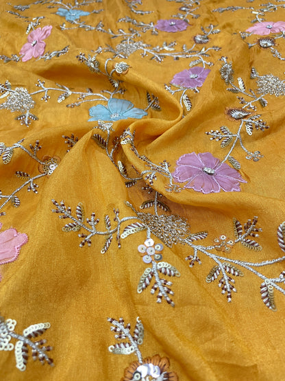 Eye Catching Elegant Floral Patch Work With Thread And Sequin Embroidery On Tissue Fabric