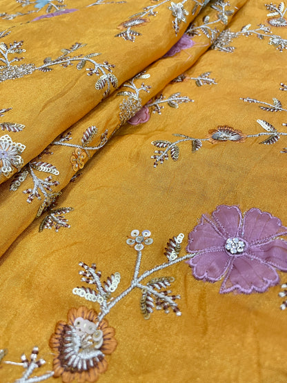 Eye Catching Elegant Floral Patch Work With Thread And Sequin Embroidery On Tissue Fabric