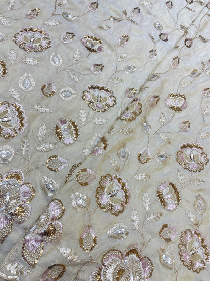 Pretty Attractive All Over Sequin Embroidery With Heavy Pannel Work On Tissue Fabric