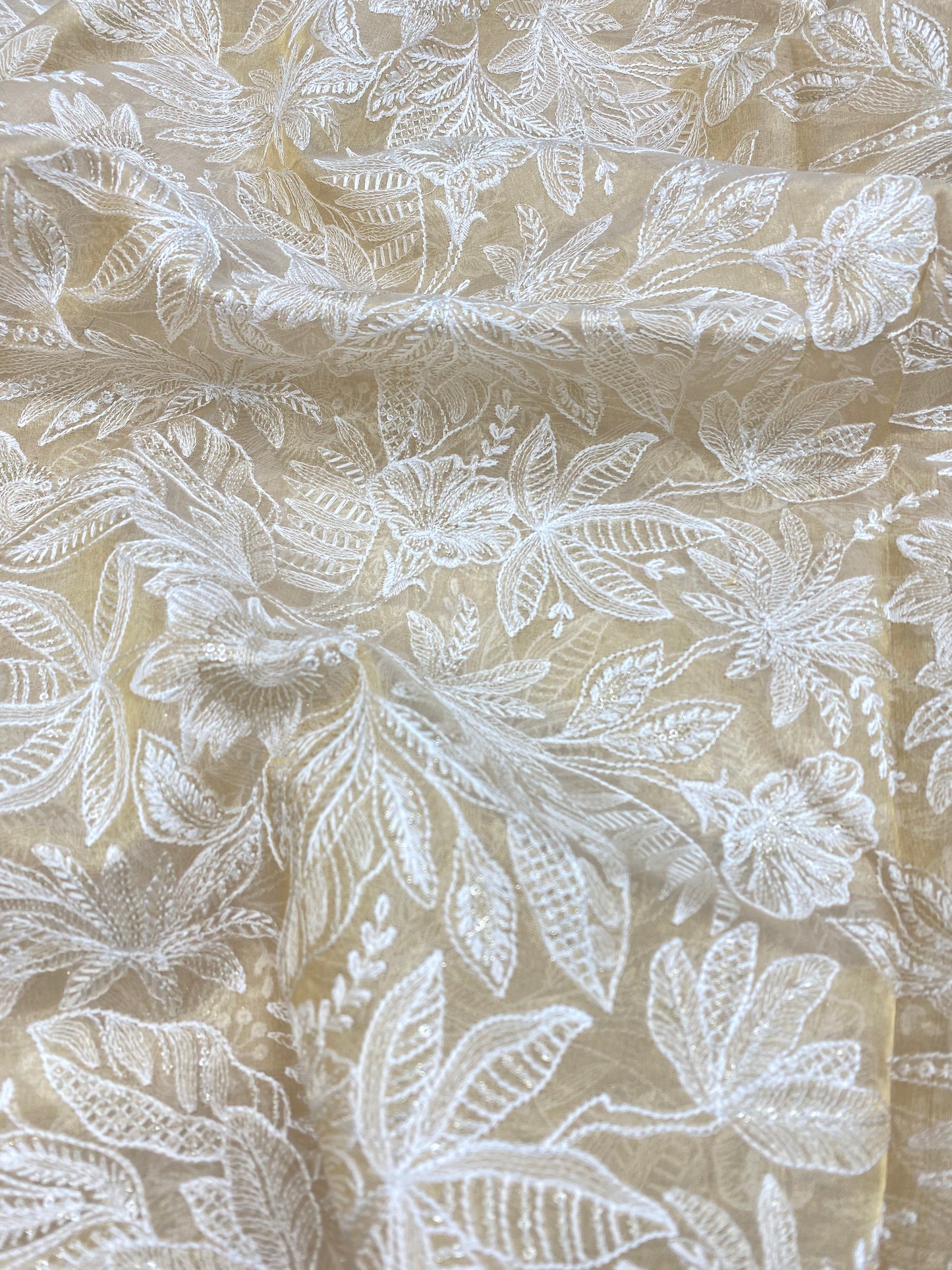 Eye Catching Elegant Floral Embroidery On Dyeable Tissue Fabric