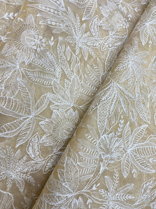 Eye Catching Elegant Floral Embroidery On Dyeable Tissue Fabric