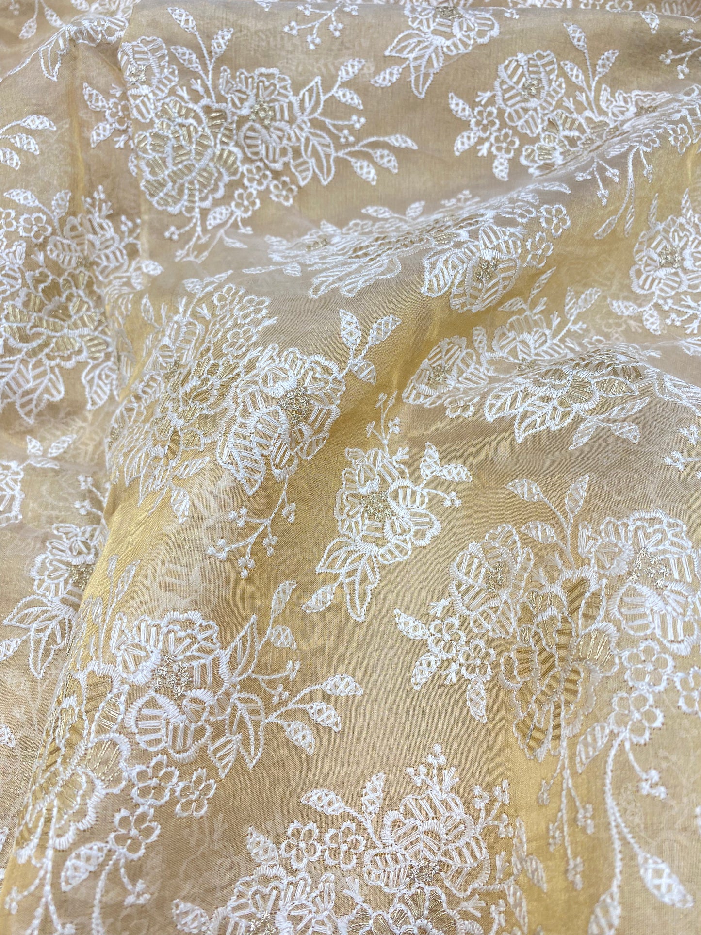 Pleasing Stunning Golden & White Floral Thread Embroidery On Dyeable Tissue Fabric