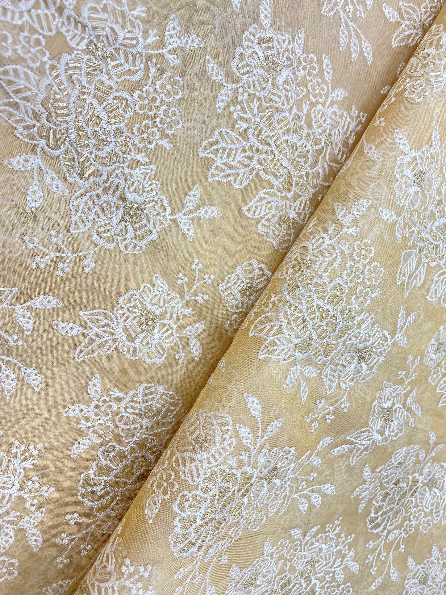 Pleasing Stunning Golden & White Floral Thread Embroidery On Dyeable Tissue Fabric