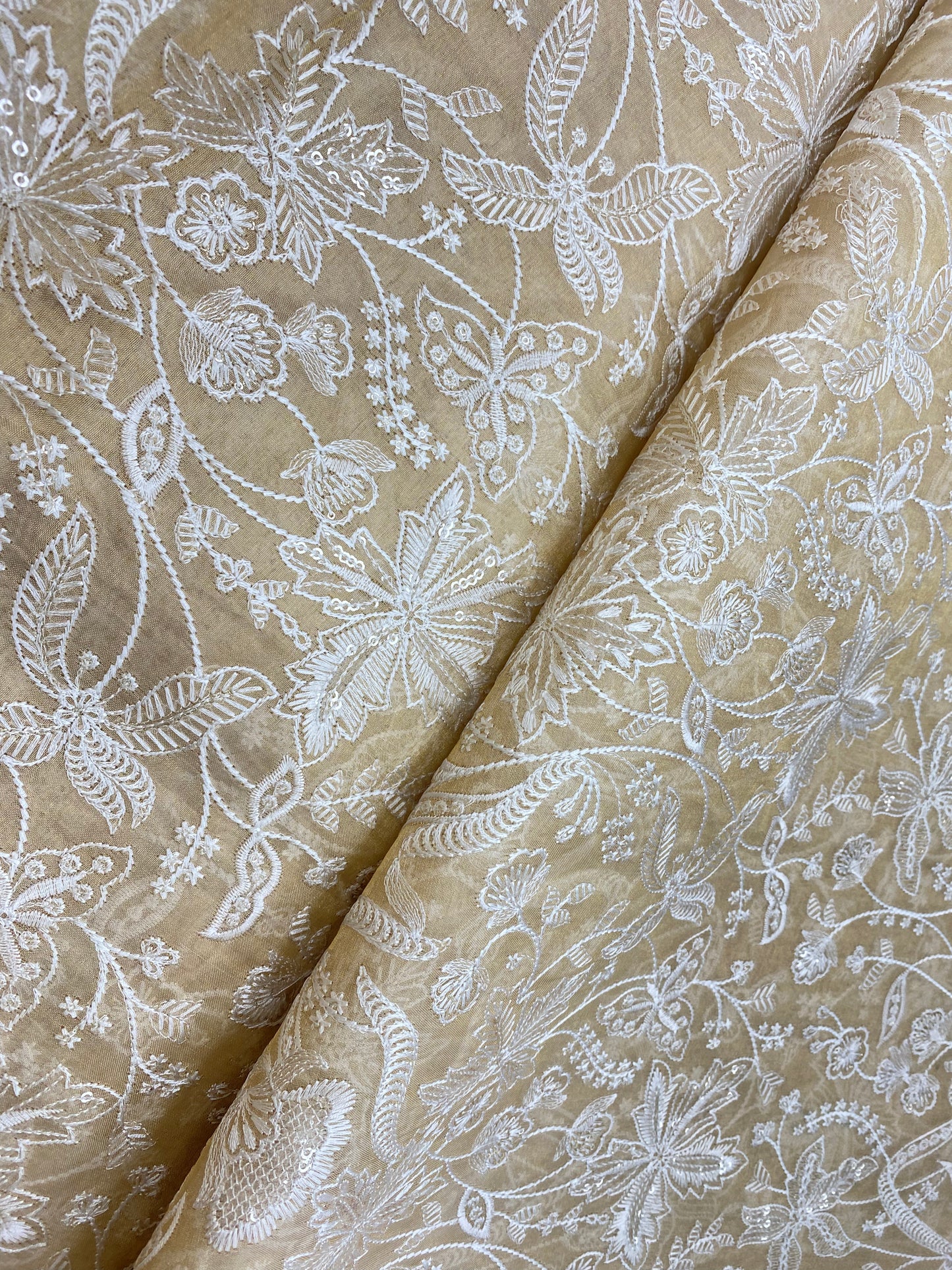 Appealing Floral Thread Embroidery With Sequins On Dyeable Tissue Fabric