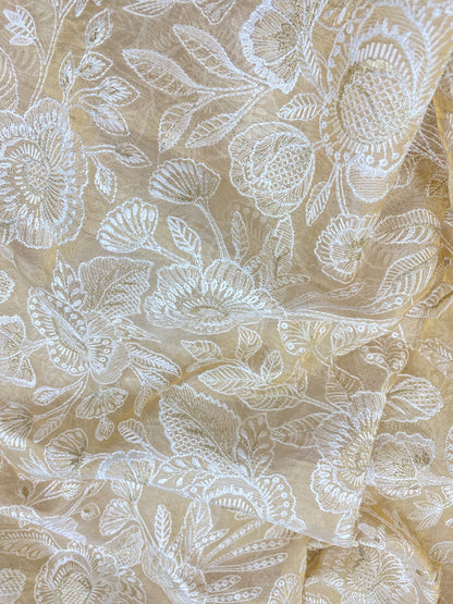 Splendid Striking Golden & White Thread Embroidery On Dyeable Tissue Fabric