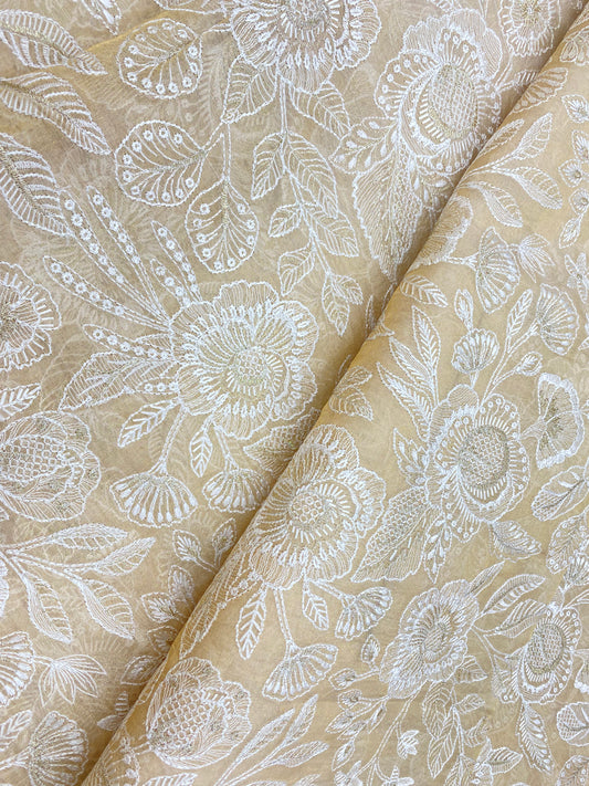 Splendid Striking Golden & White Thread Embroidery On Dyeable Tissue Fabric