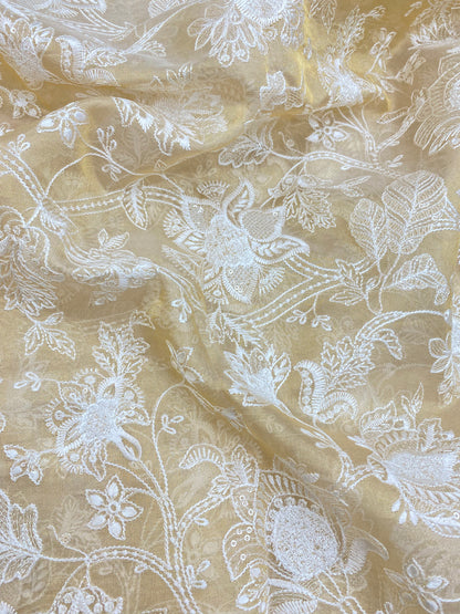 Sparkling Attractive Pretty Floral Thread Embroidery With Sequin On Dyeable Tissue Fabric