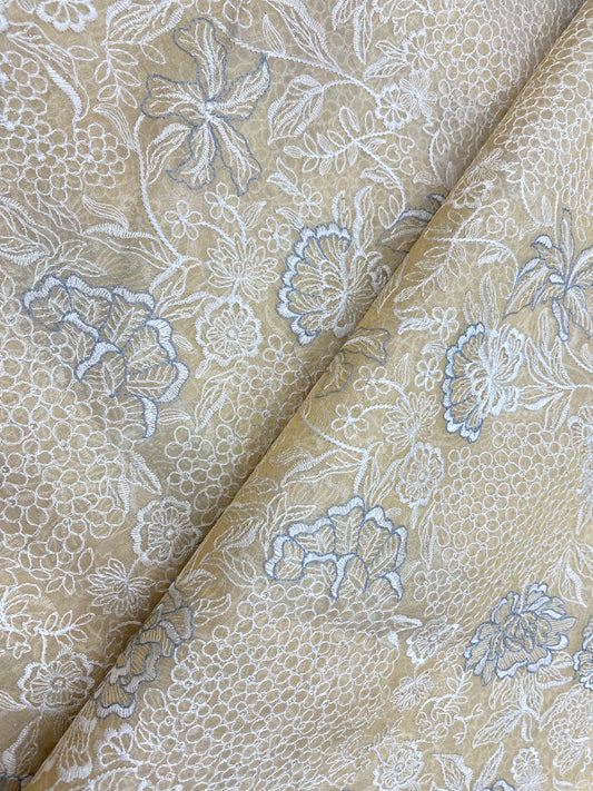 Superb Eye Catching Floral White & Grey Thread Embroidery On Dyeable Tissue Fabric