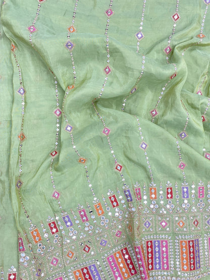 Adorable Pretty Heavy Traditional Multicolor Thread Embroidery With Zari And Faux Mirror Work On Tissue Fabric