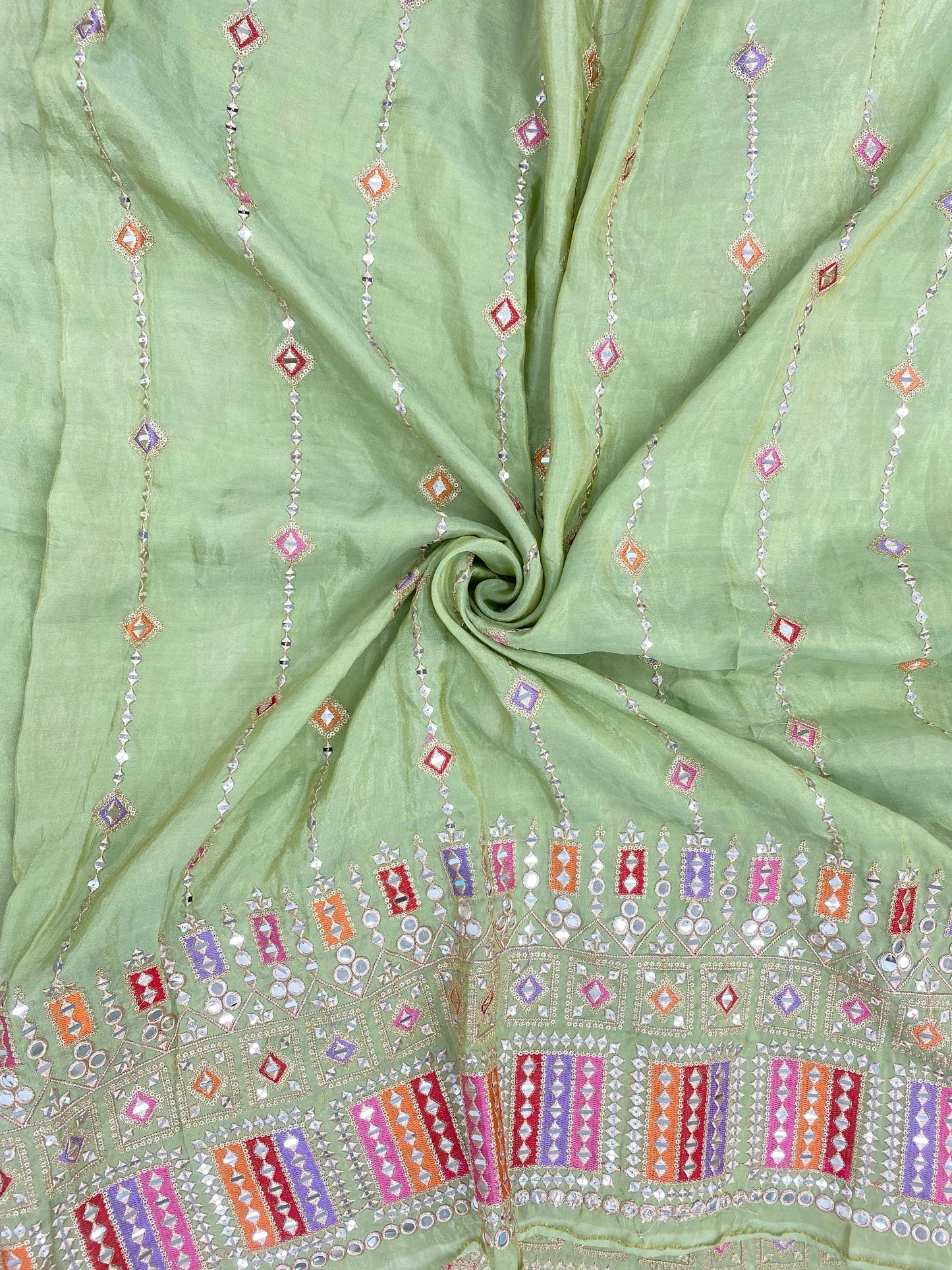 Adorable Pretty Heavy Traditional Multicolor Thread Embroidery With Zari And Faux Mirror Work On Tissue Fabric