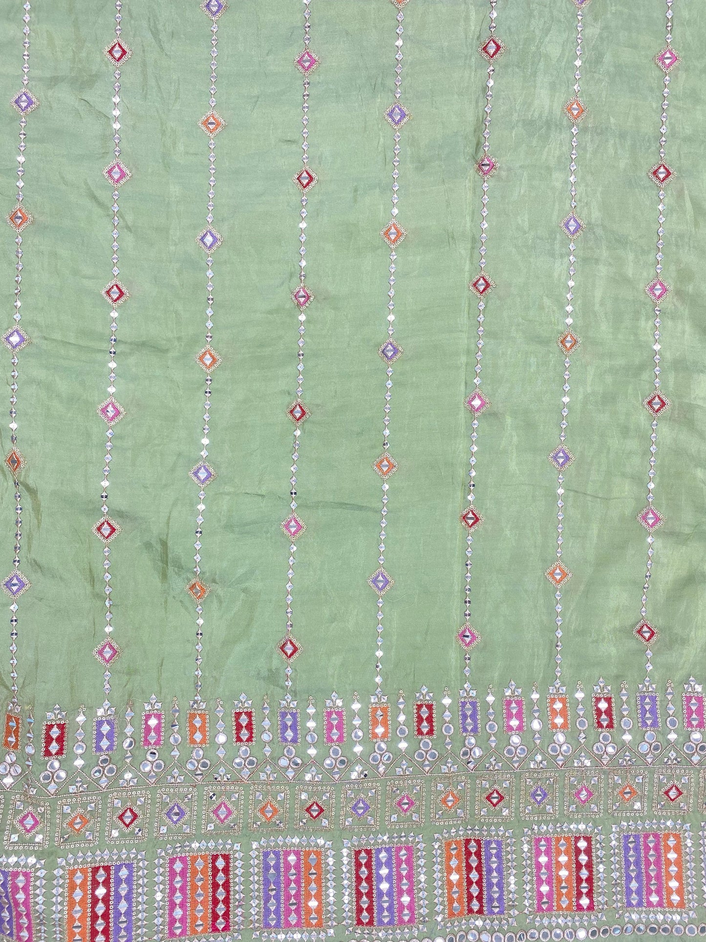 Adorable Pretty Heavy Traditional Multicolor Thread Embroidery With Zari And Faux Mirror Work On Tissue Fabric