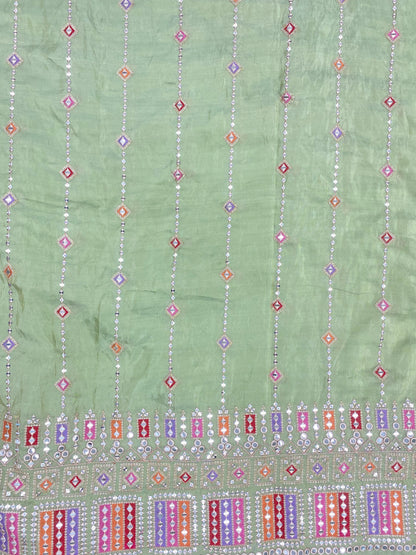 Adorable Pretty Heavy Traditional Multicolor Thread Embroidery With Zari And Faux Mirror Work On Tissue Fabric