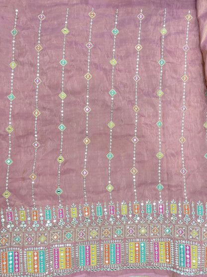 Adorable Pretty Heavy Traditional Multicolor Thread Embroidery With Zari And Faux Mirror Work On Tissue Fabric