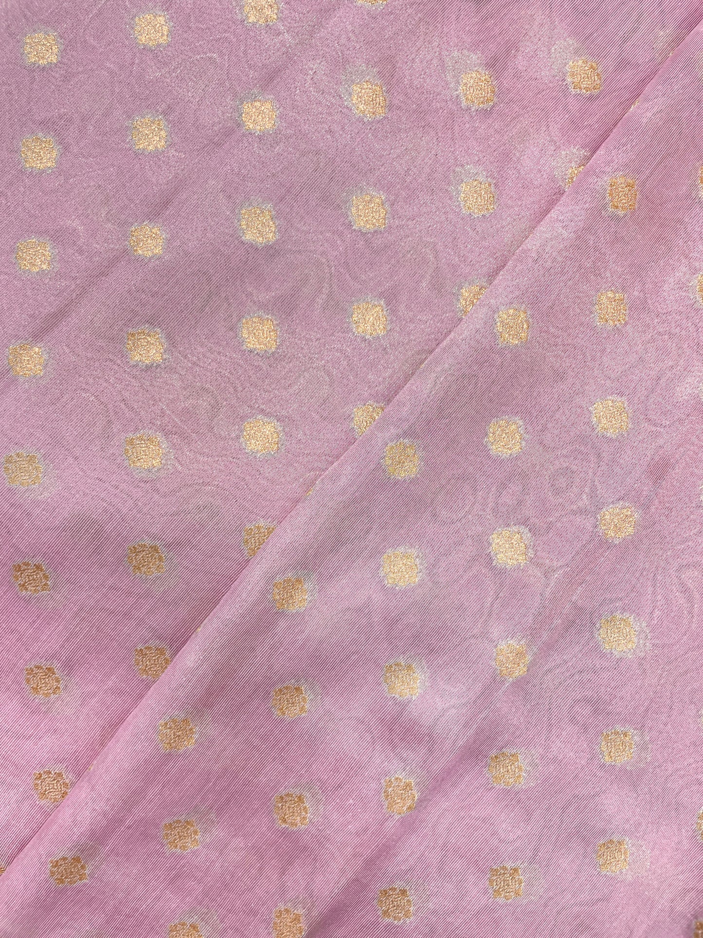 Subtle Yet Elegant Golden Zari Butti Weaving On Tissue Fabric