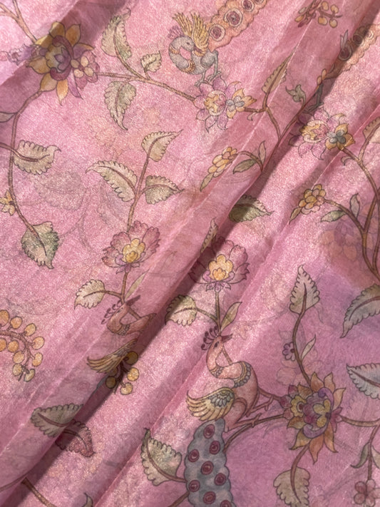 Pretty Exclusive Florals And Peacock Print On Pink Tissue Fabric