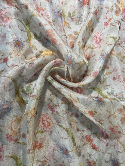 Adorable Delicate Multi Color Flowers Print On Tissue Fabric