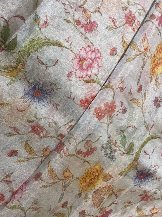 Adorable Delicate Multi Color Flowers Print On Tissue Fabric