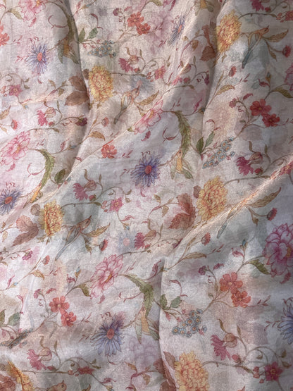 Gorgeous Eye Catching Colorful Florals And Leaf Print On Tissue Fabric