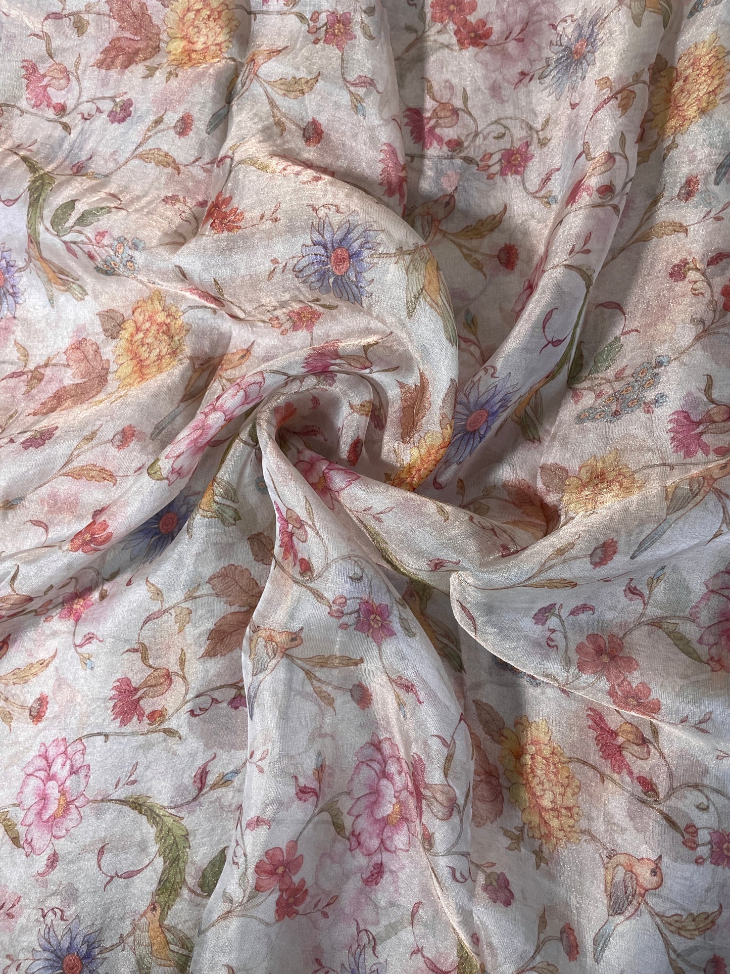 Gorgeous Eye Catching Colorful Florals And Leaf Print On Tissue Fabric