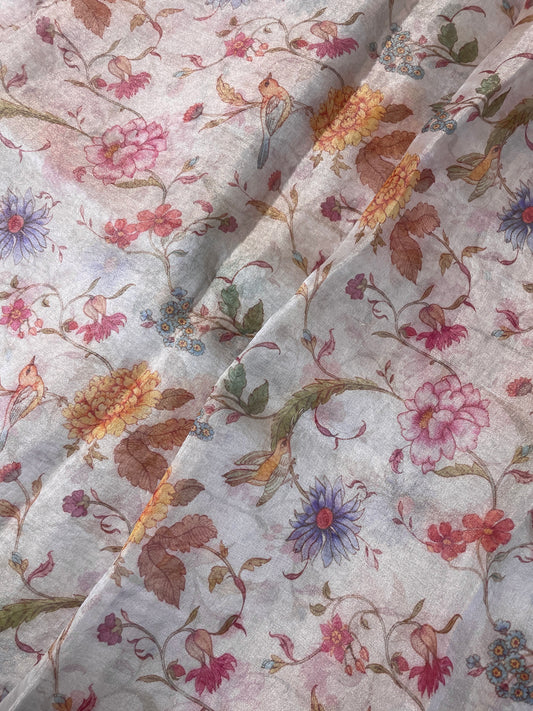 Gorgeous Eye Catching Colorful Florals And Leaf Print On Tissue Fabric