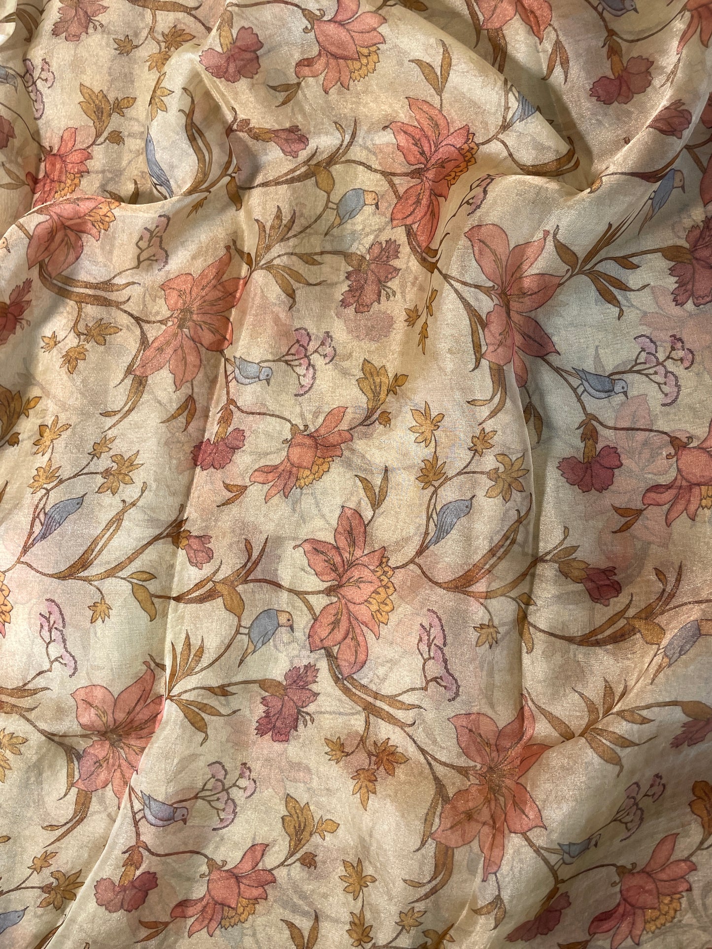 Subtle Yet Elegant Orange Florals And Birds Print On Tissue Fabric