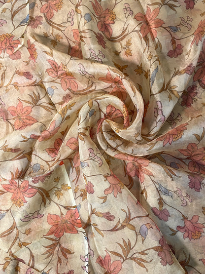 Subtle Yet Elegant Orange Florals And Birds Print On Tissue Fabric