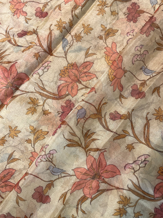 Subtle Yet Elegant Orange Florals And Birds Print On Tissue Fabric
