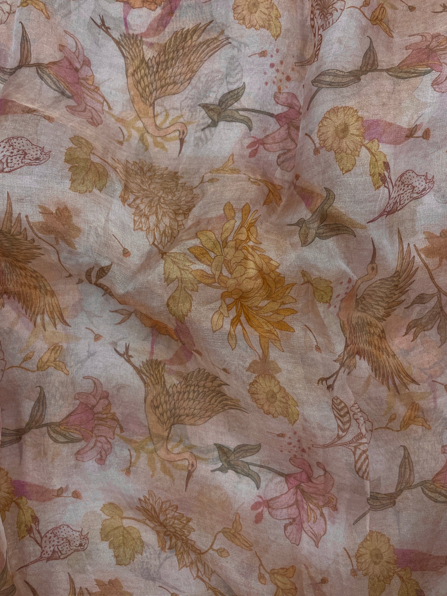 Exquisite Glorious Bird And Flower Print On Tissue Fabric