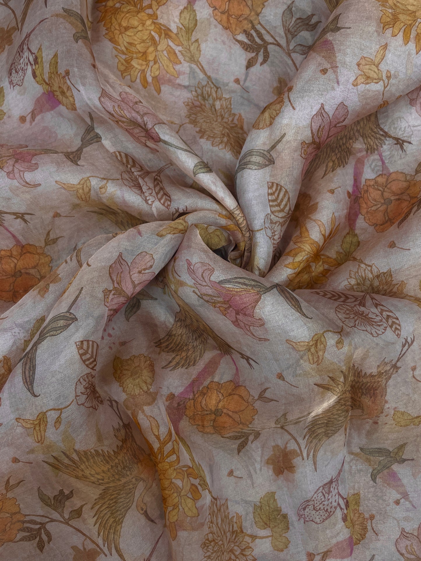 Exquisite Glorious Bird And Flower Print On Tissue Fabric