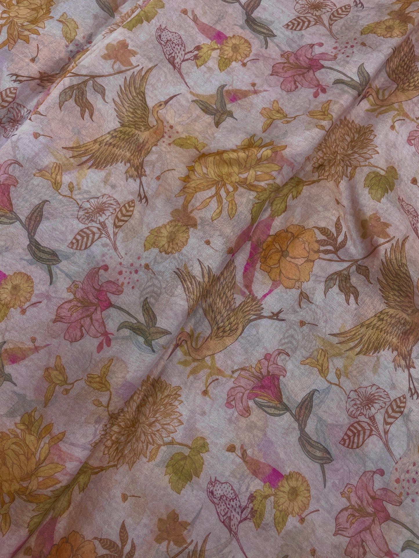 Exquisite Glorious Bird And Flower Print On Tissue Fabric