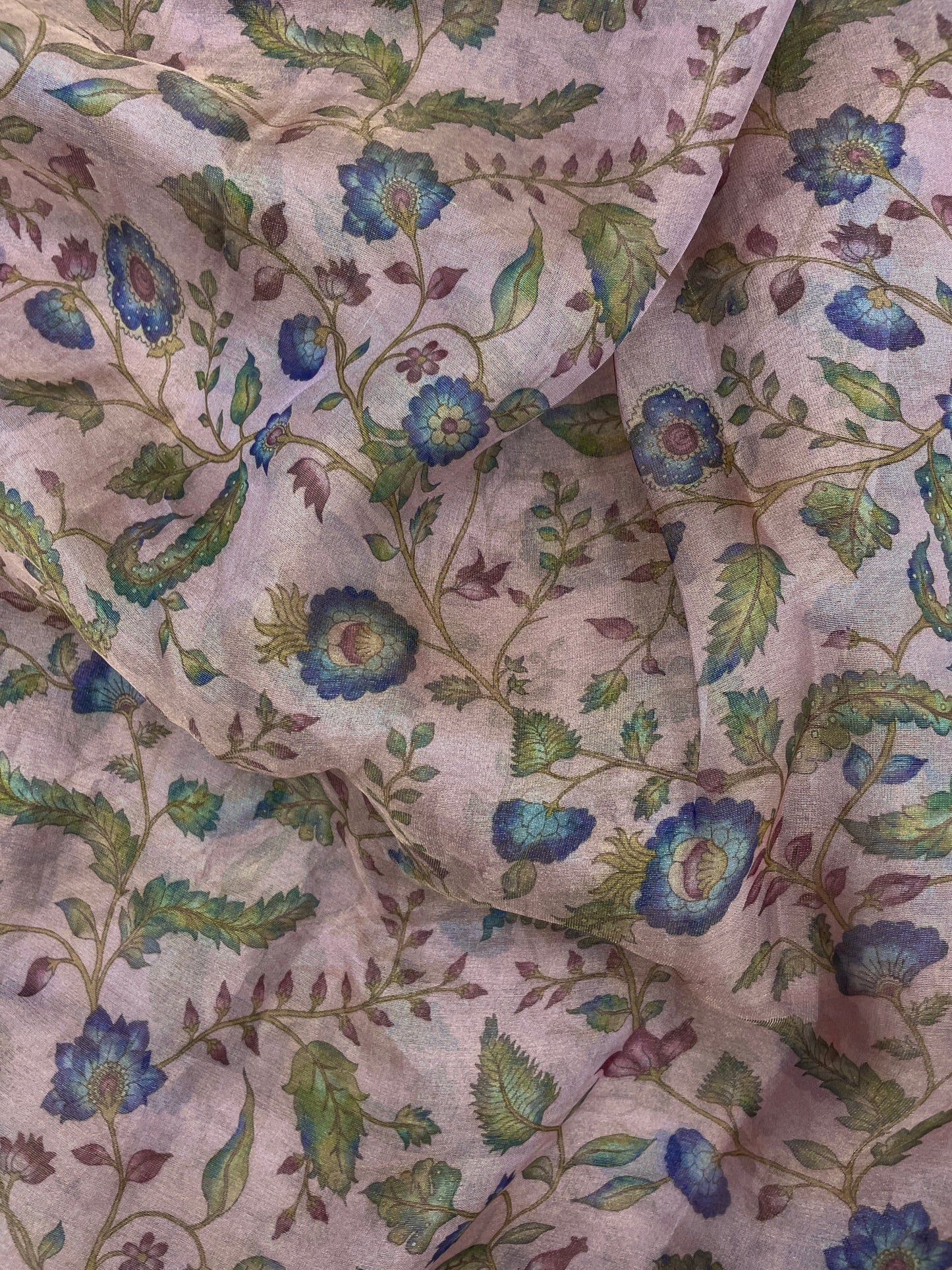 Attractive Exclusive Blue And Pink Floral Print On Tissue Fabric