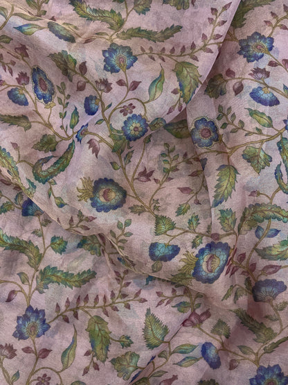 Attractive Exclusive Blue And Pink Floral Print On Tissue Fabric