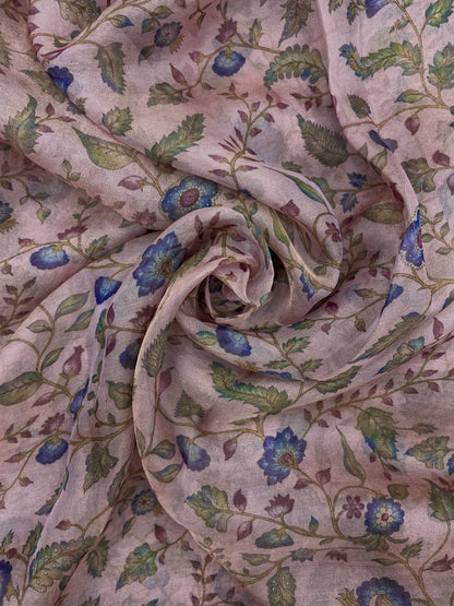 Attractive Exclusive Blue And Pink Floral Print On Tissue Fabric