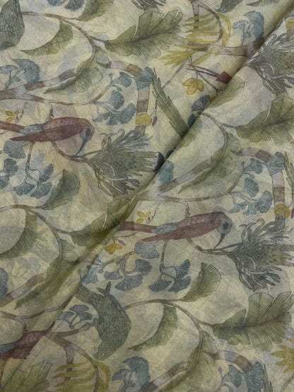 Stunning Exclusive Leafy And Bird Print All Over Tissue Fabric