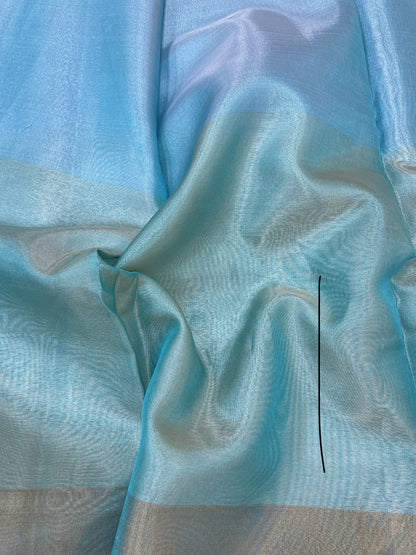 Elegant 3D Illusion Print Sky Blue and Teal Copper Tissue Fabric