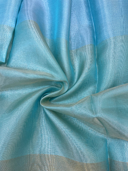 Elegant 3D Illusion Print Sky Blue and Teal Copper Tissue Fabric