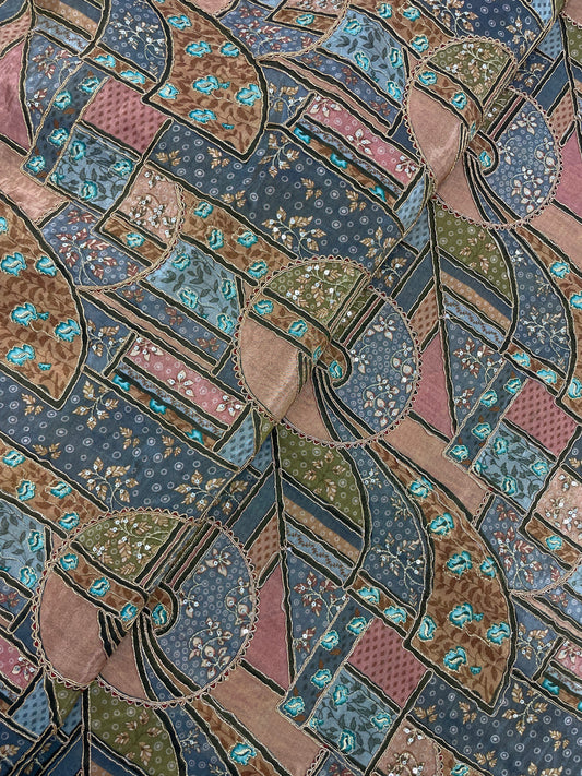 Exquisite Classic Multicolor Abstract Position Print With Sequin And Zari Work On Tissue Fabric