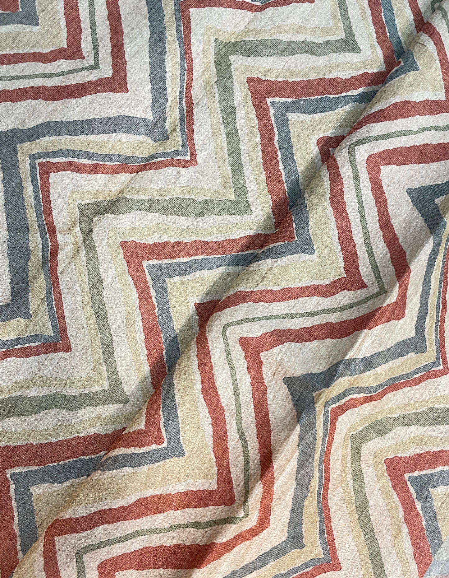 Amazing Striking Multi Color Zig Zag Print On Tussar Silk Fabric