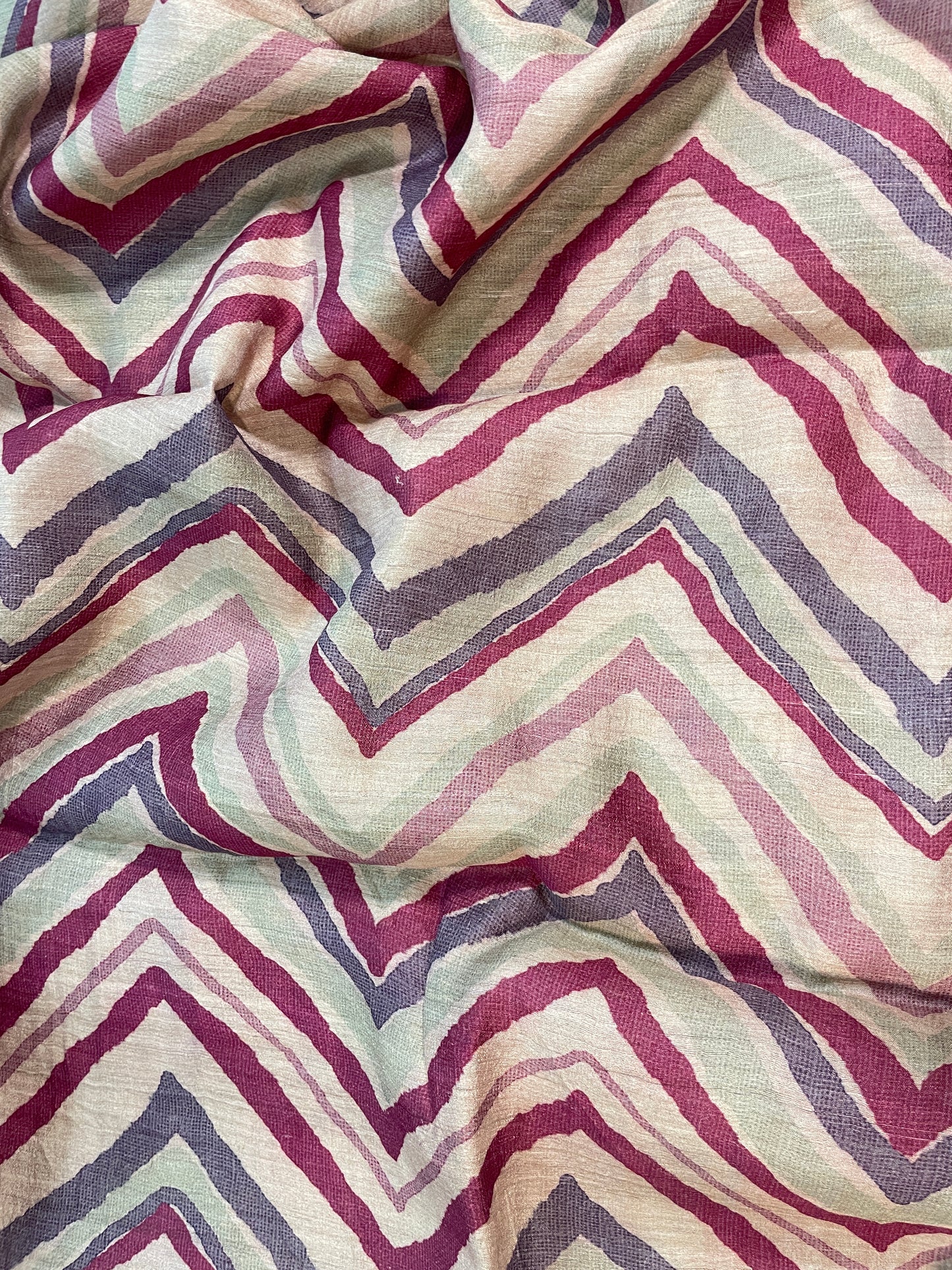 Amazing Striking Multi Color Zig Zag Print On Tussar Silk Fabric