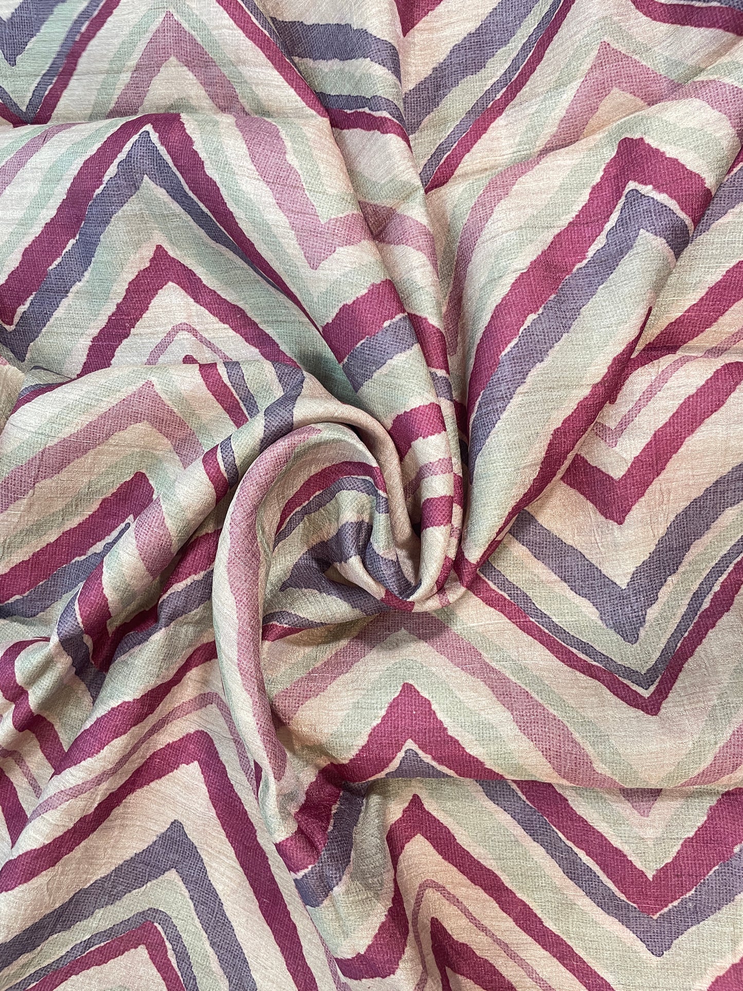 Amazing Striking Multi Color Zig Zag Print On Tussar Silk Fabric