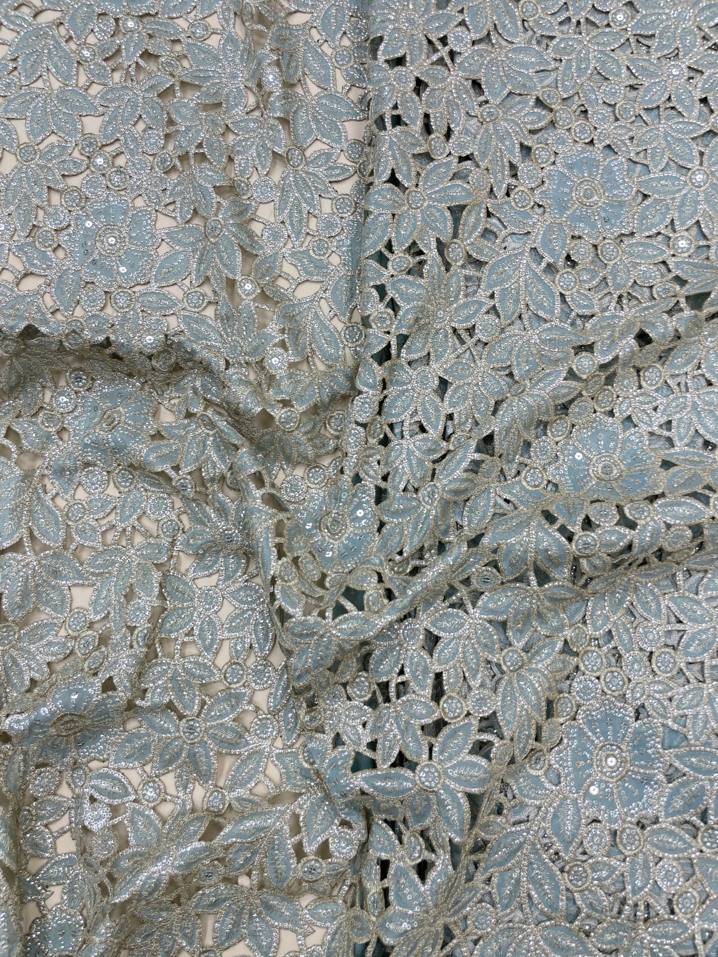 Perfect Luxurious Floral Thread Embroidery With Zari Cutwork On Tissue Fabric