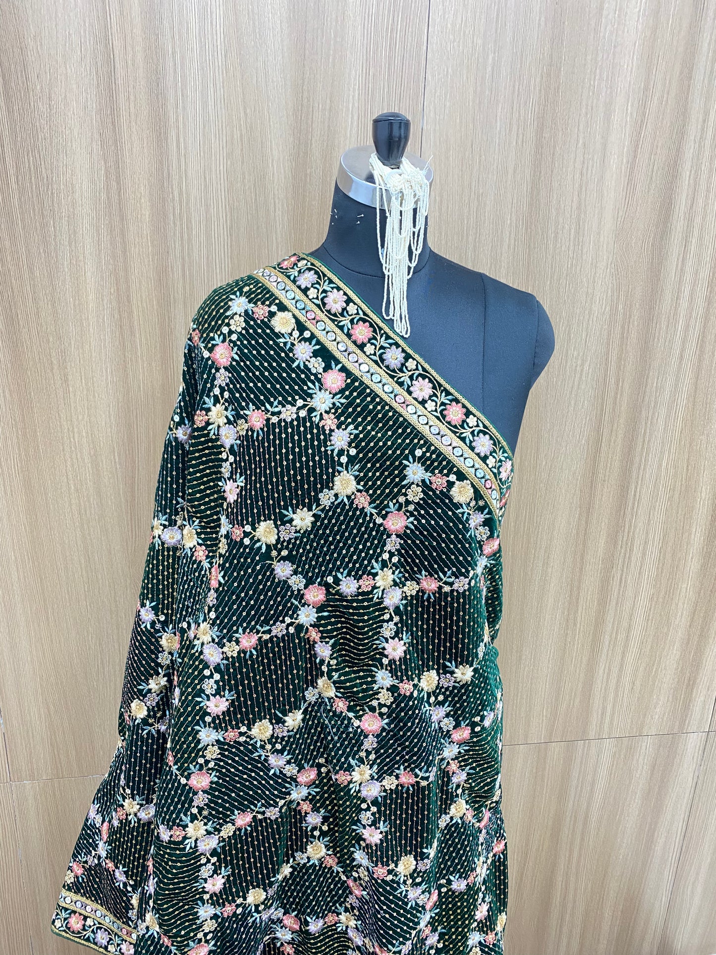 Exclusive Premium Heavy Colorful Floral Thread Embroidery With Golden Sequin Work On Velvet Dupatta