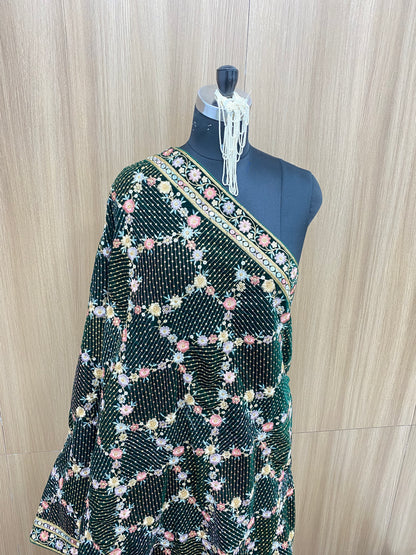 Exclusive Premium Heavy Colorful Floral Thread Embroidery With Golden Sequin Work On Velvet Dupatta