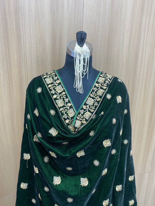 Fancy Unique Heavy Ethnic Thread Embroidery With Premium Golden Sequin And Zari Work On Green Velvet Dupatta