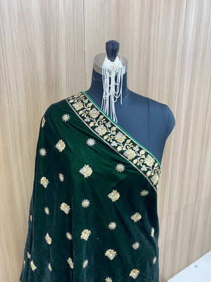 Fancy Unique Heavy Ethnic Thread Embroidery With Premium Golden Sequin And Zari Work On Green Velvet Dupatta