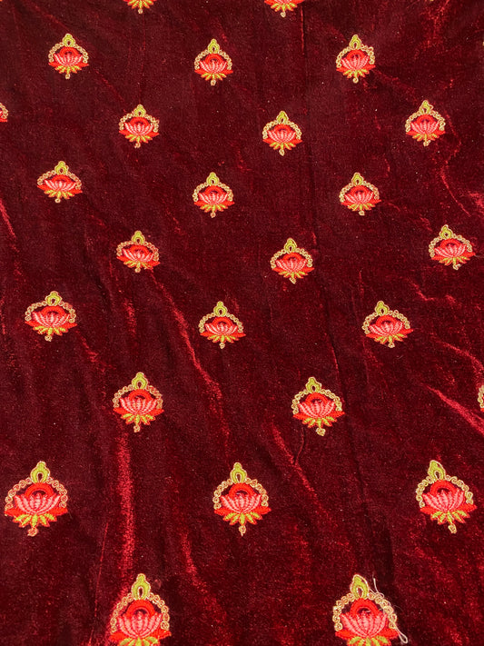 Adorable Dainty Lotus Thread Embroidery Along With Zari Work On Red Velvet Fabric