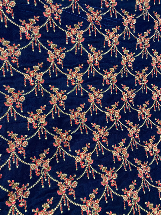 Exclusive Luxurious Traditional Floral Thread Embroidery And Golden Zari Work On Blue Velvet Fabric